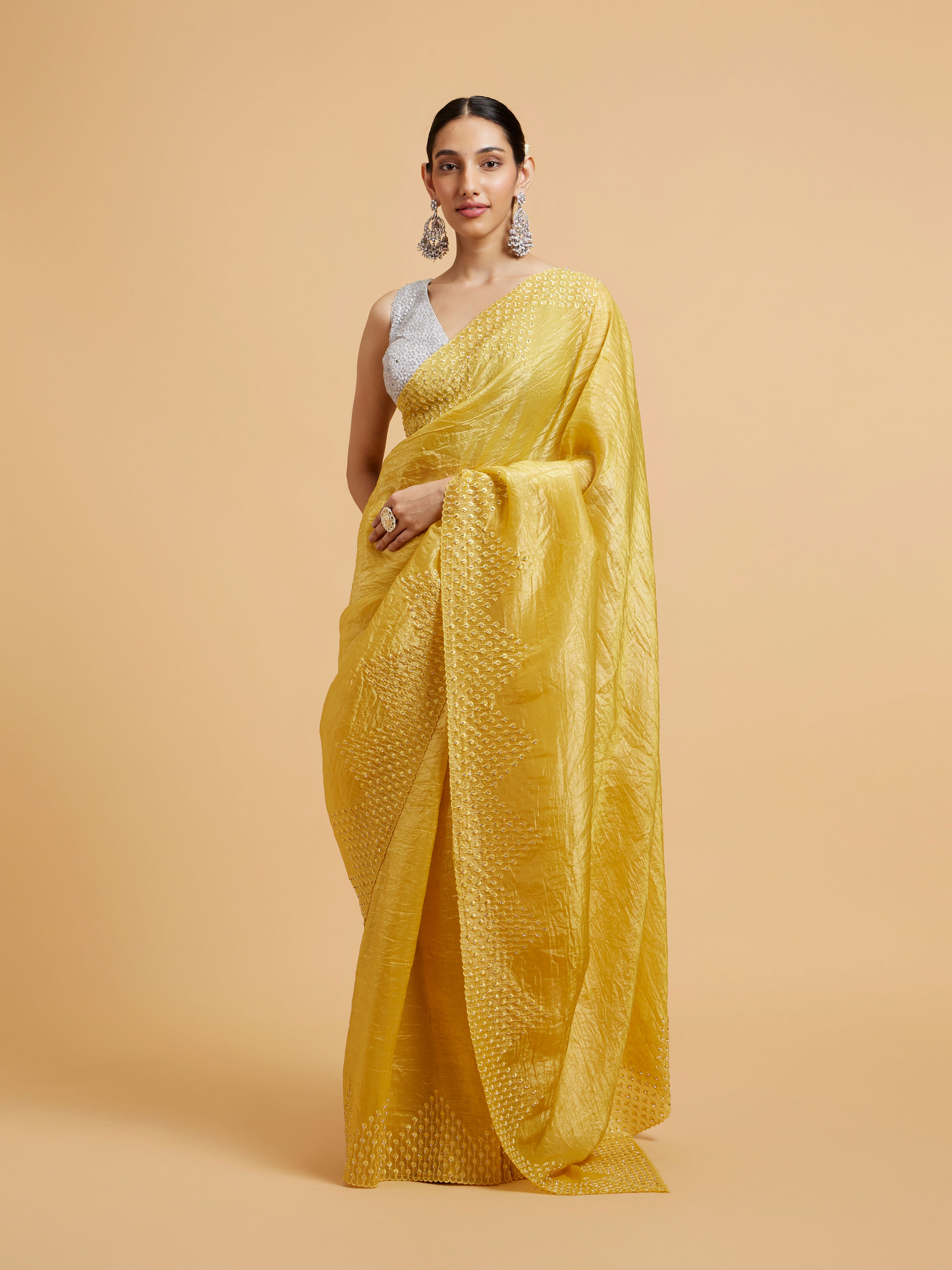 Mohey Women Buttercup Yellow Drop Patterned Saree with Stone Embellishment