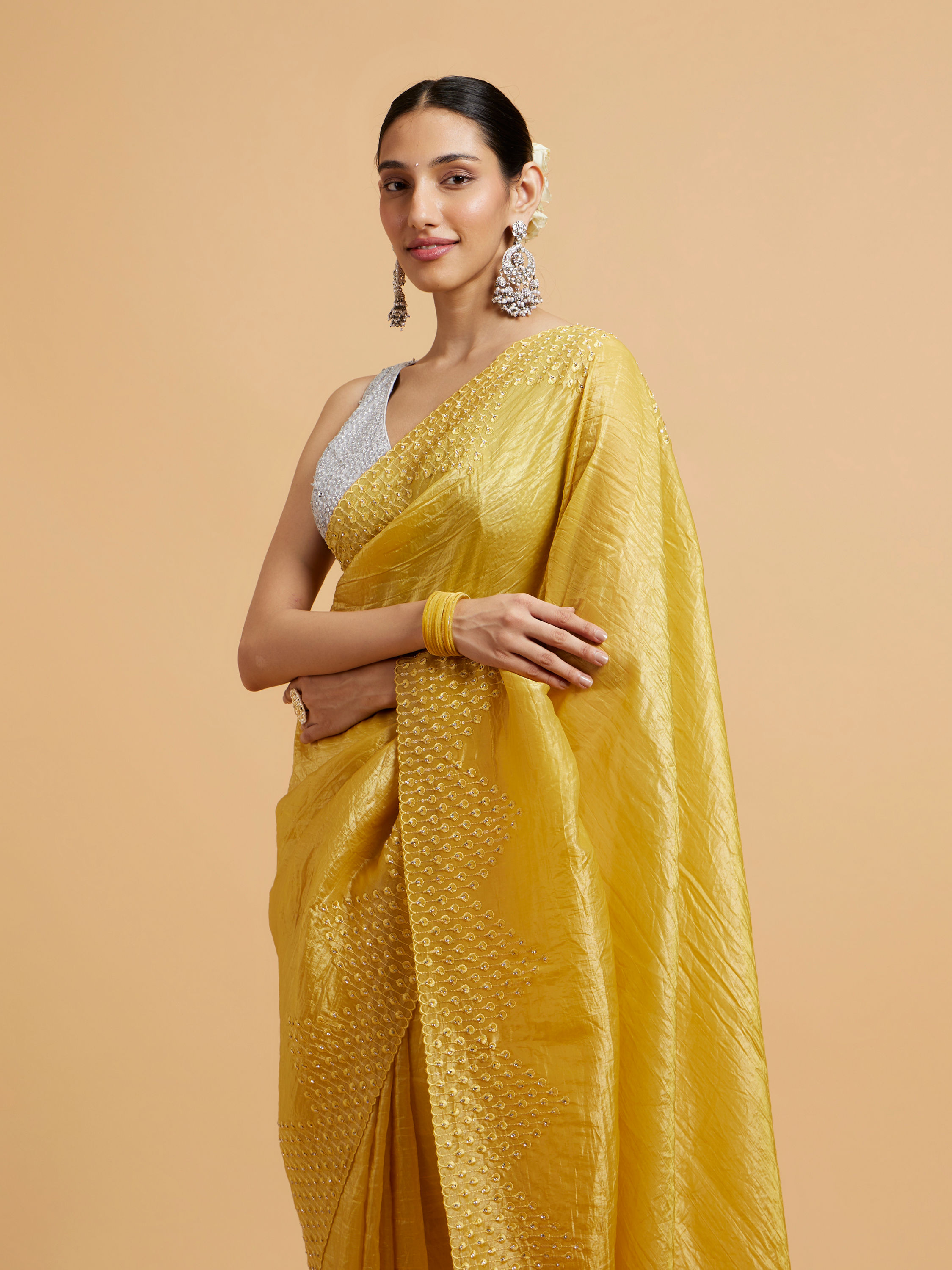 Mohey Women Buttercup Yellow Drop Patterned Saree with Stone Embellishment