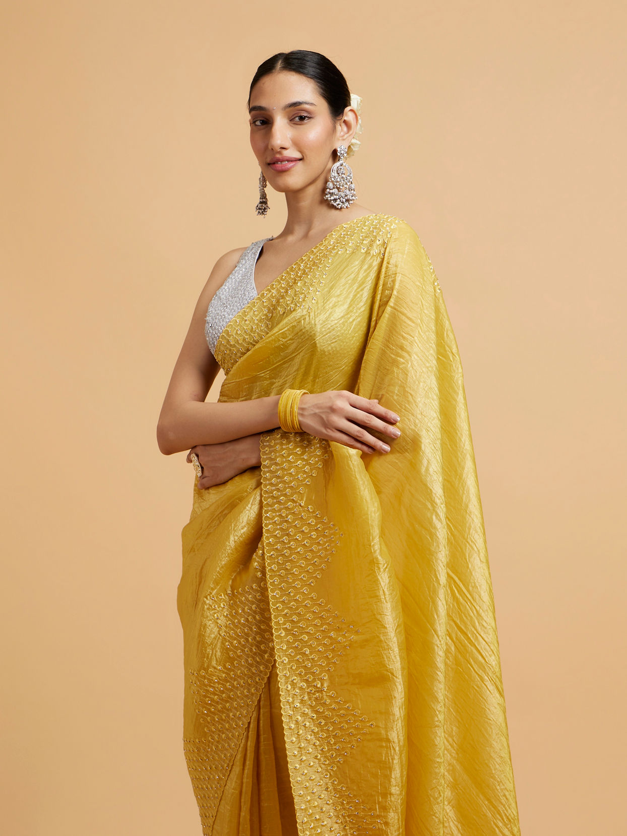 Mohey Women Buttercup Yellow Drop Patterned Saree with Stone Embellishment image number 1