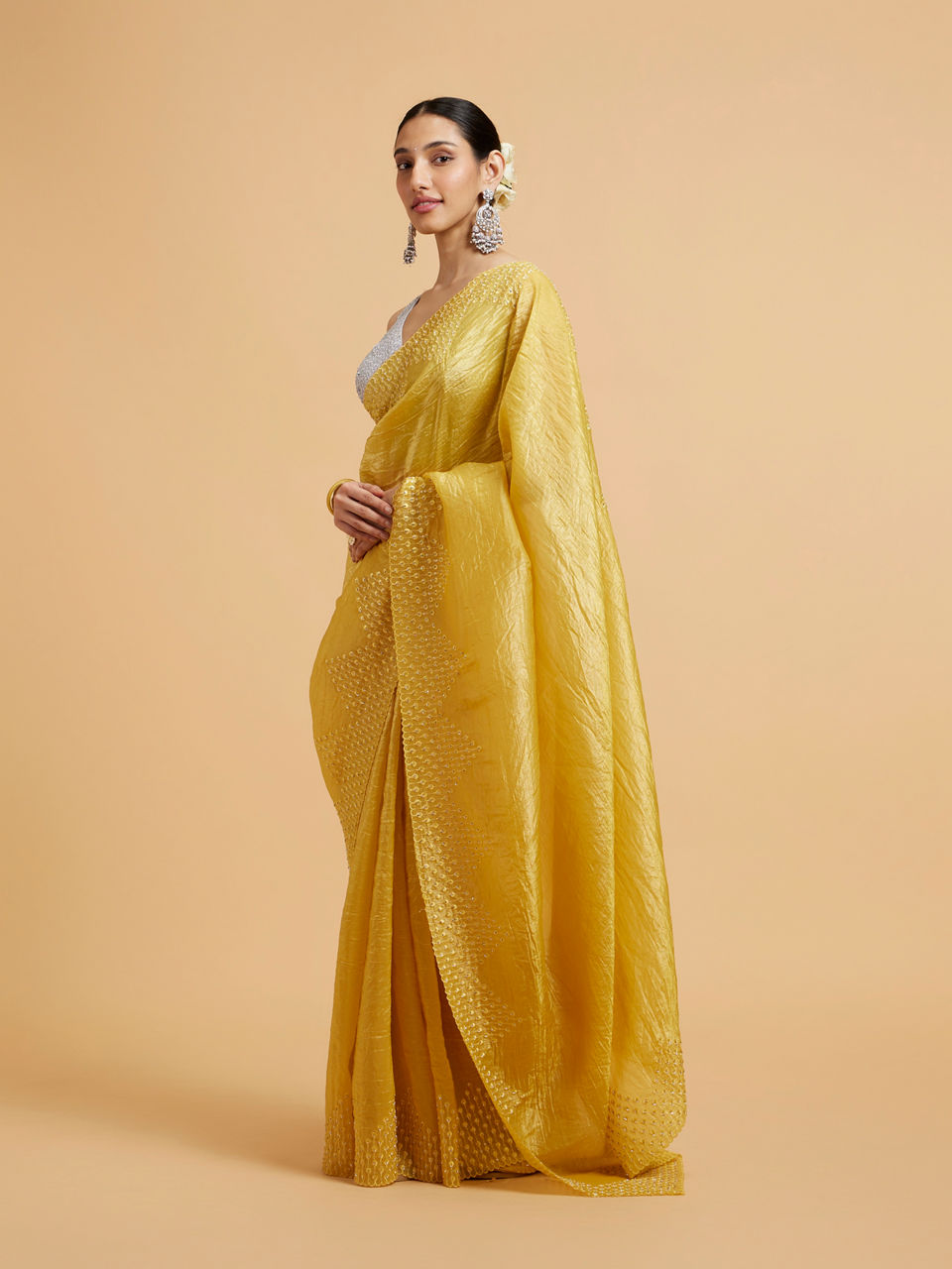 Mohey Women Buttercup Yellow Drop Patterned Saree with Stone Embellishment