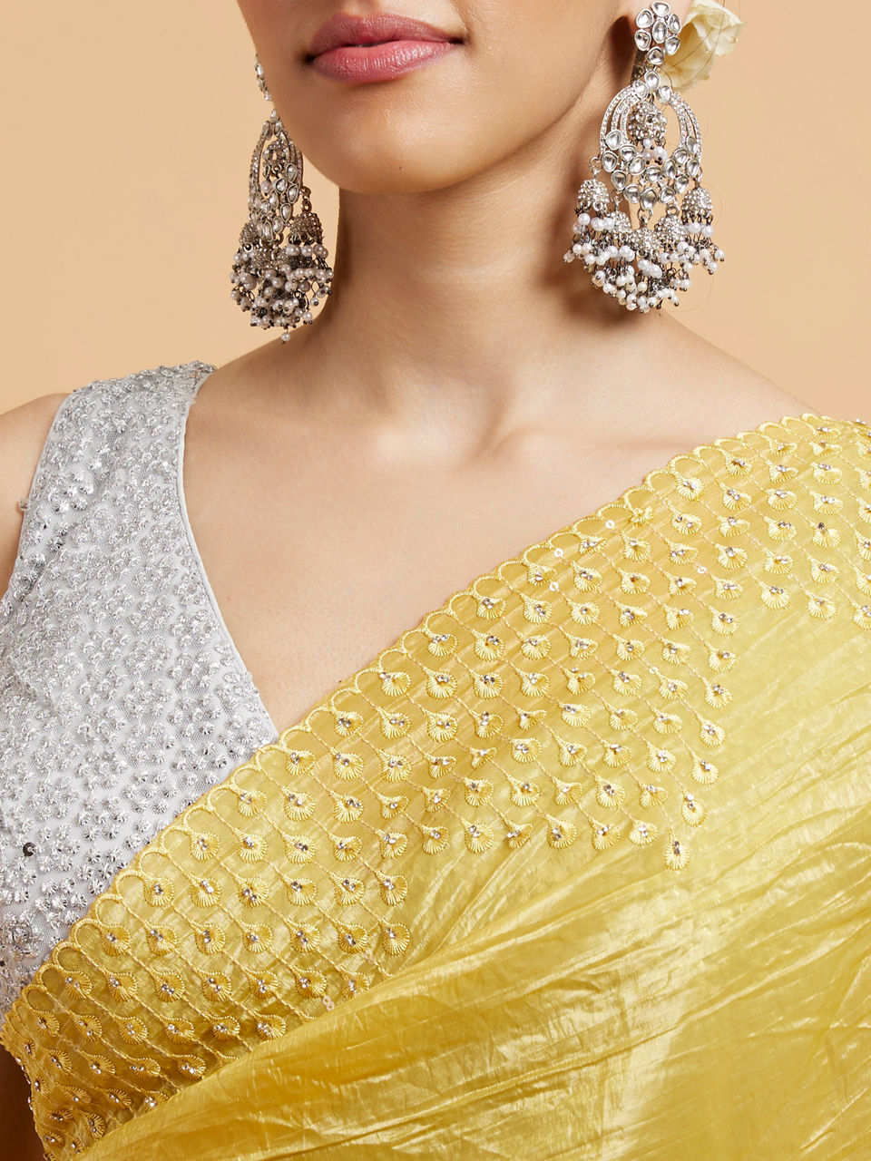 Mohey Women Buttercup Yellow Drop Patterned Saree with Stone Embellishment