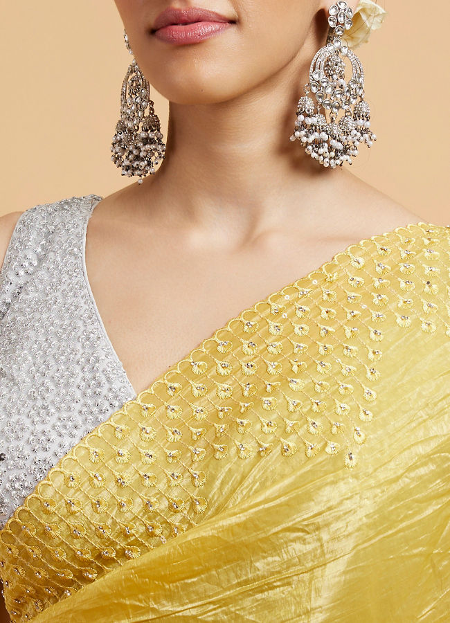 Mohey Women Buttercup Yellow Drop Patterned Saree with Stone Embellishment
