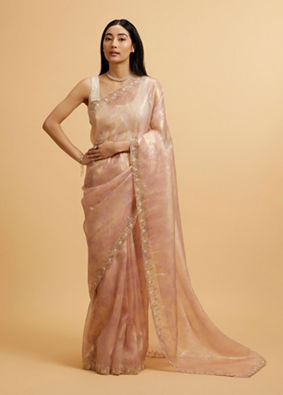 alt message - Mohey Women Light Pink Floral Print Saree with Rhinestone Work image number 0