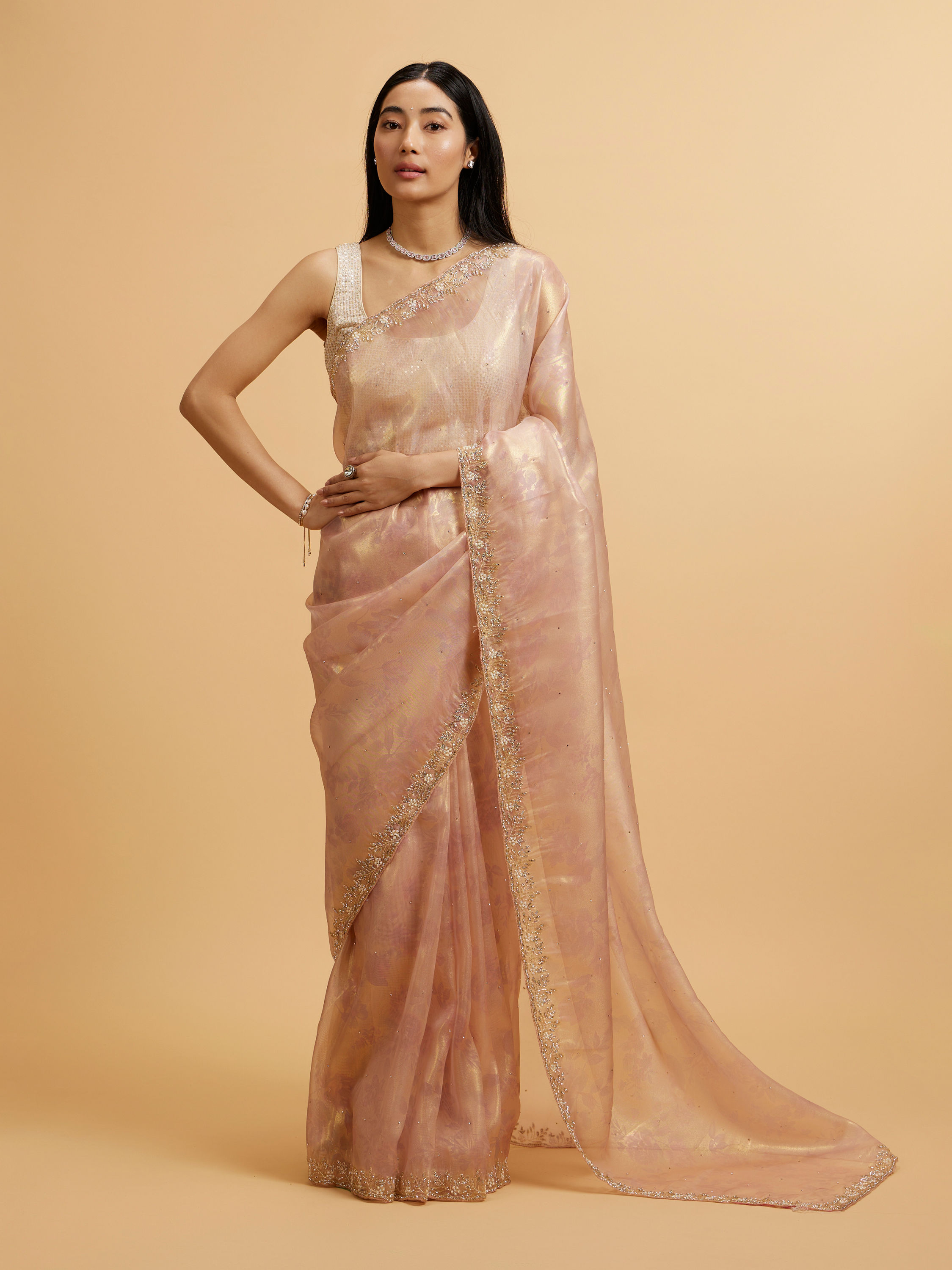 Mohey Women Light Pink Floral Print Saree with Rhinestone Work