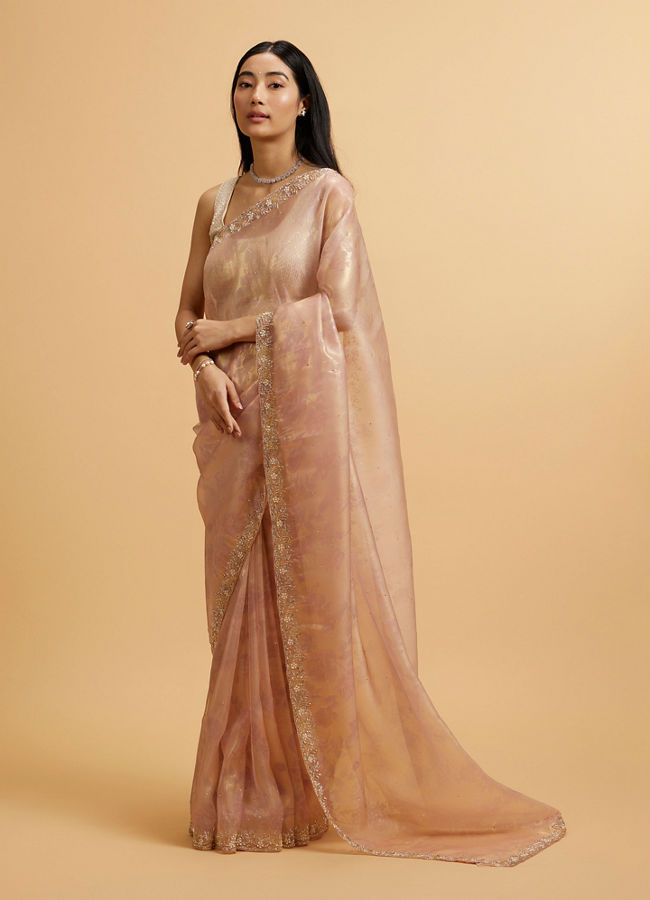 Mohey Women Light Pink Floral Print Saree with Rhinestone Work