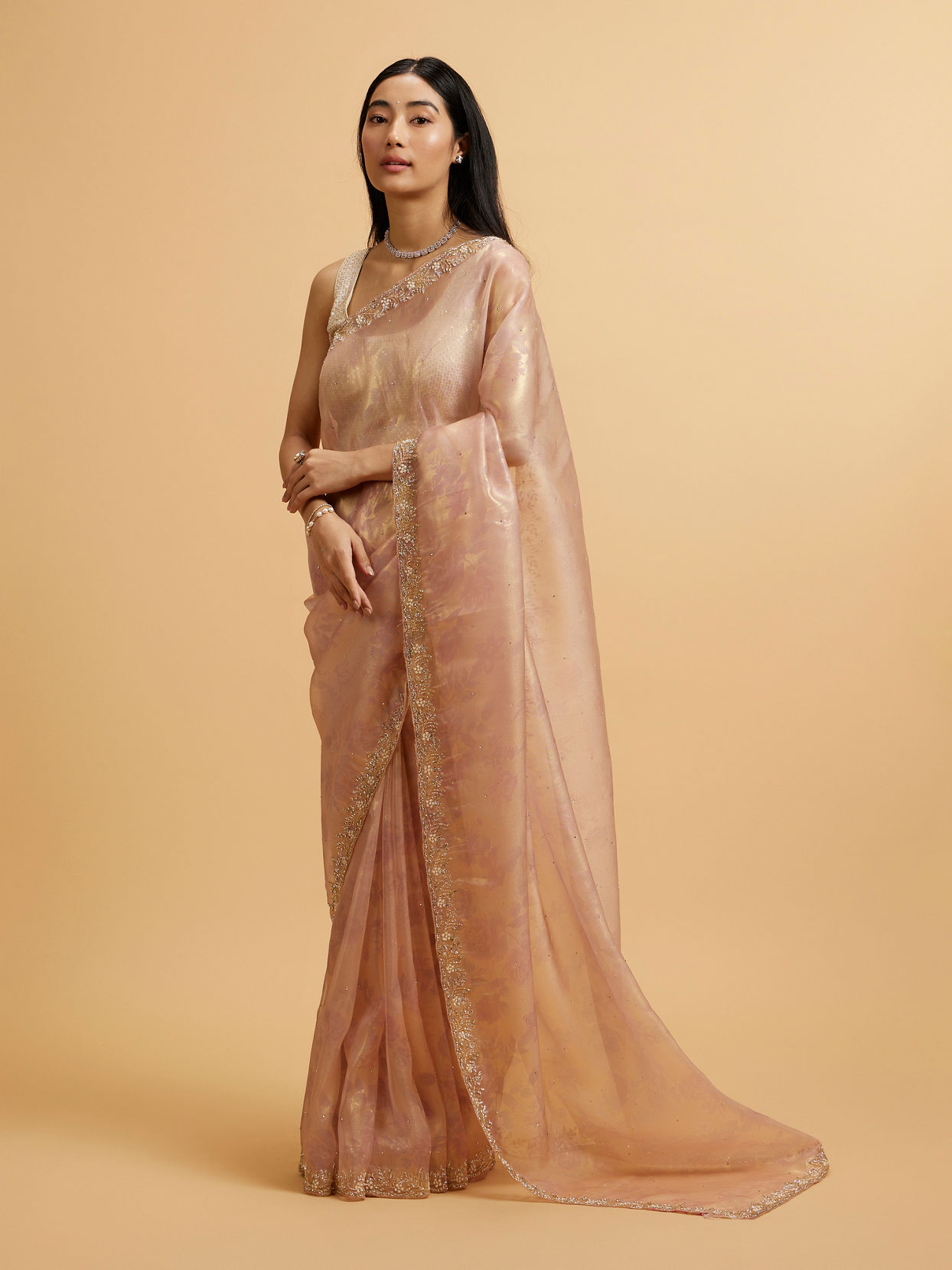 Mohey Women Light Pink Floral Print Saree with Rhinestone Work