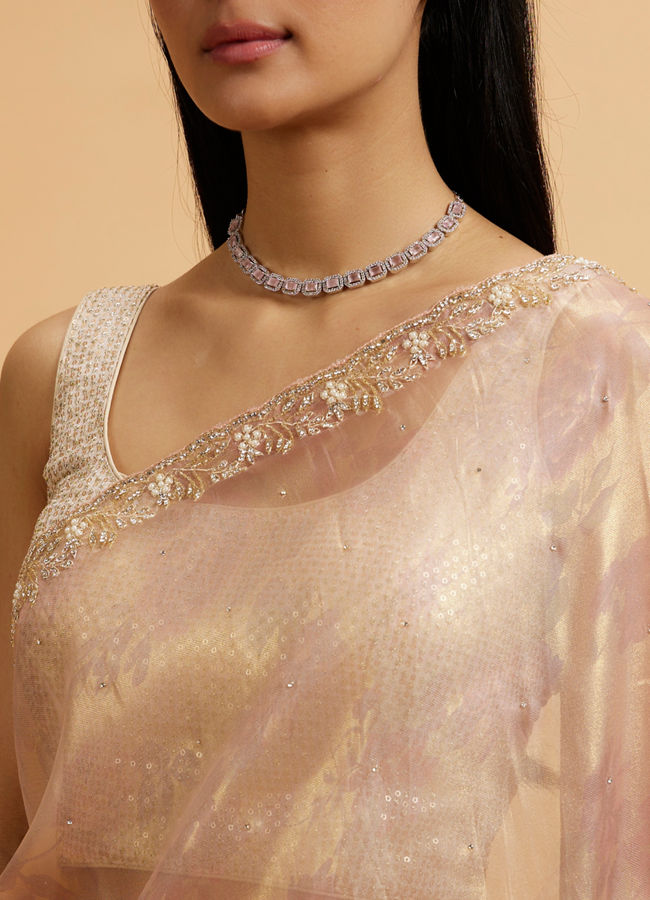 Mohey Women Light Pink Floral Print Saree with Rhinestone Work