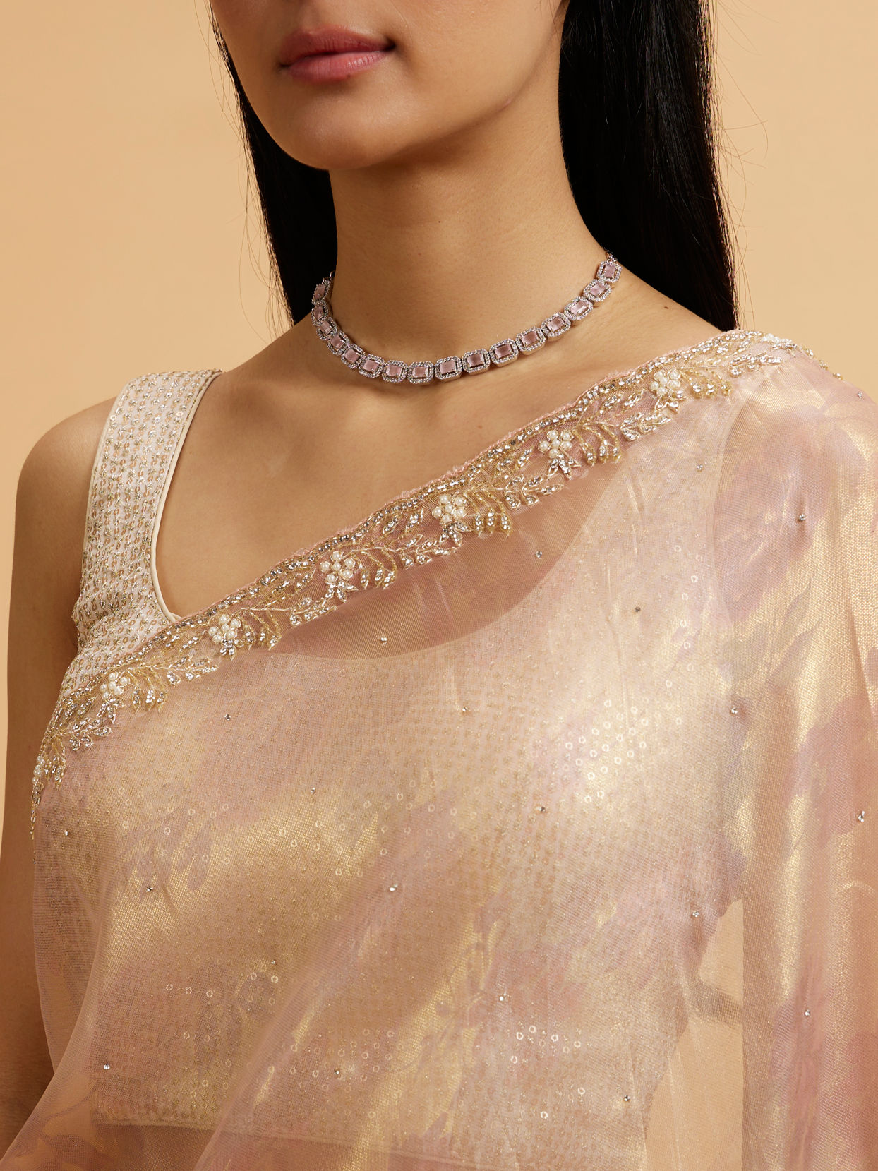 Mohey Women Light Pink Floral Print Saree with Rhinestone Work