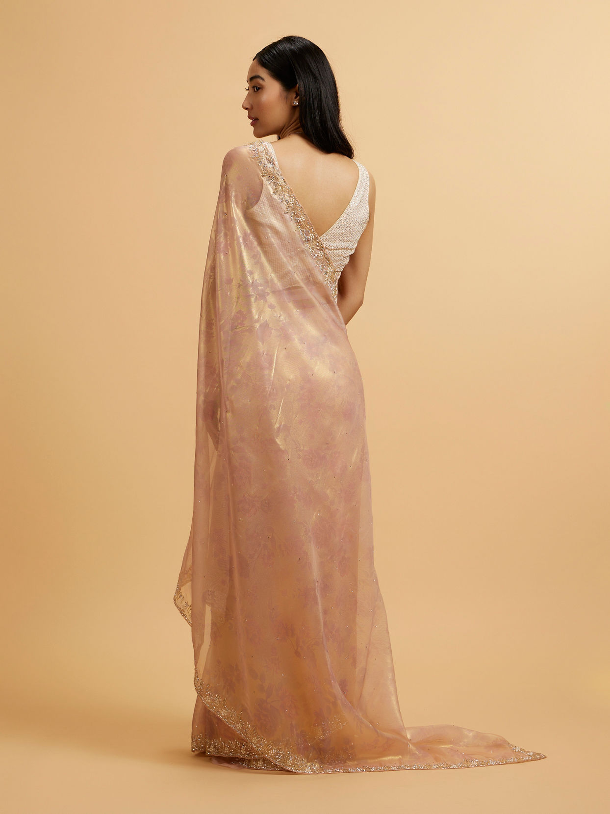 Mohey Women Light Pink Floral Print Saree with Rhinestone Work