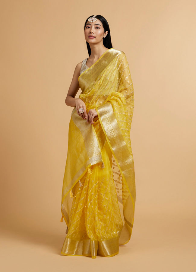 alt message - Mohey Women Light Yellow Embroidered Saree with Sequins image number 0