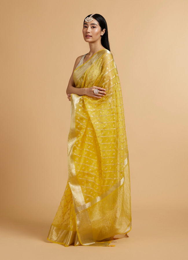 Mohey Women Light Yellow Embroidered Saree with Sequins