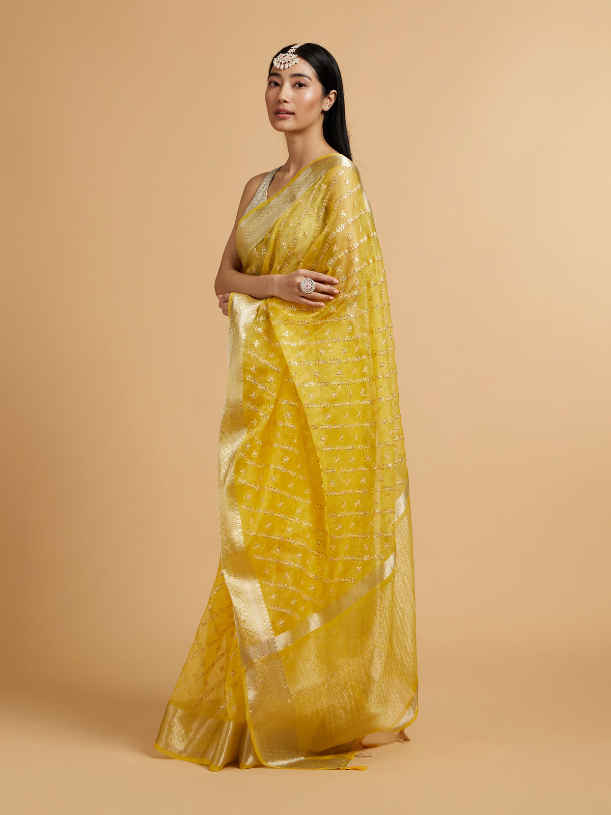 alt message - Mohey Women Light Yellow Embroidered Saree with Sequins image number 2