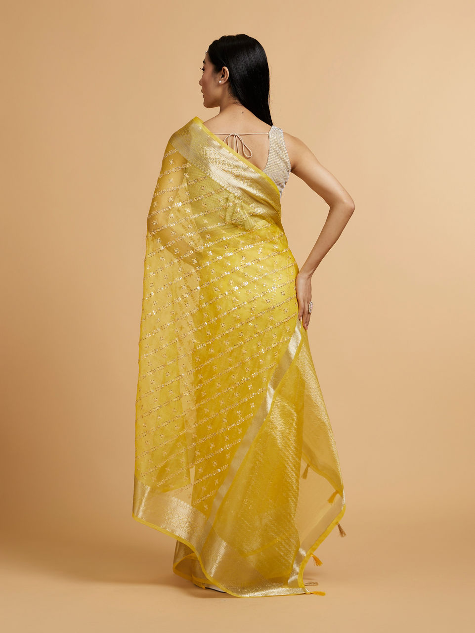 Mohey Women Light Yellow Embroidered Saree with Sequins