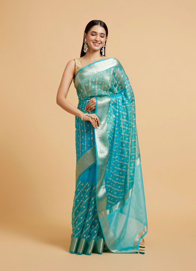 alt message - Mohey Women Elegant T.Blue Organza Saree image number 0