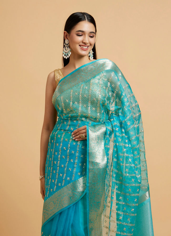 Mohey Women Elegant Blue Organza Saree