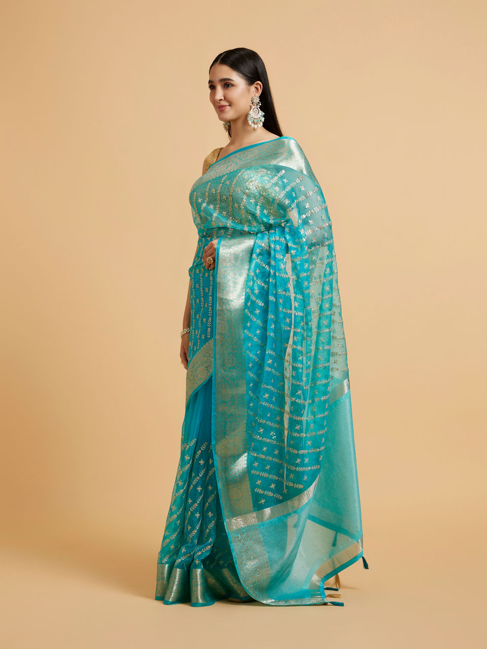 Mohey Women Elegant Blue Organza Saree