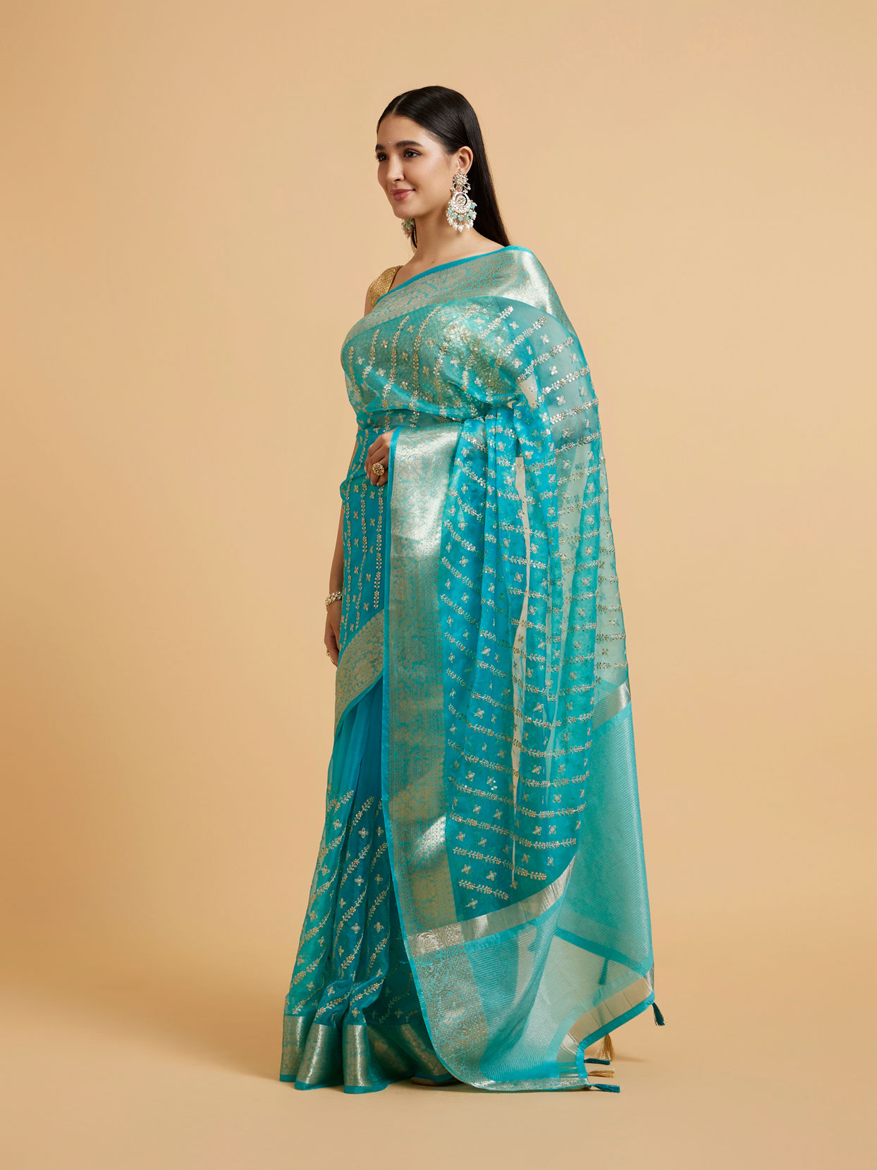 alt message - Mohey Women Elegant T.Blue Organza Saree image number 2