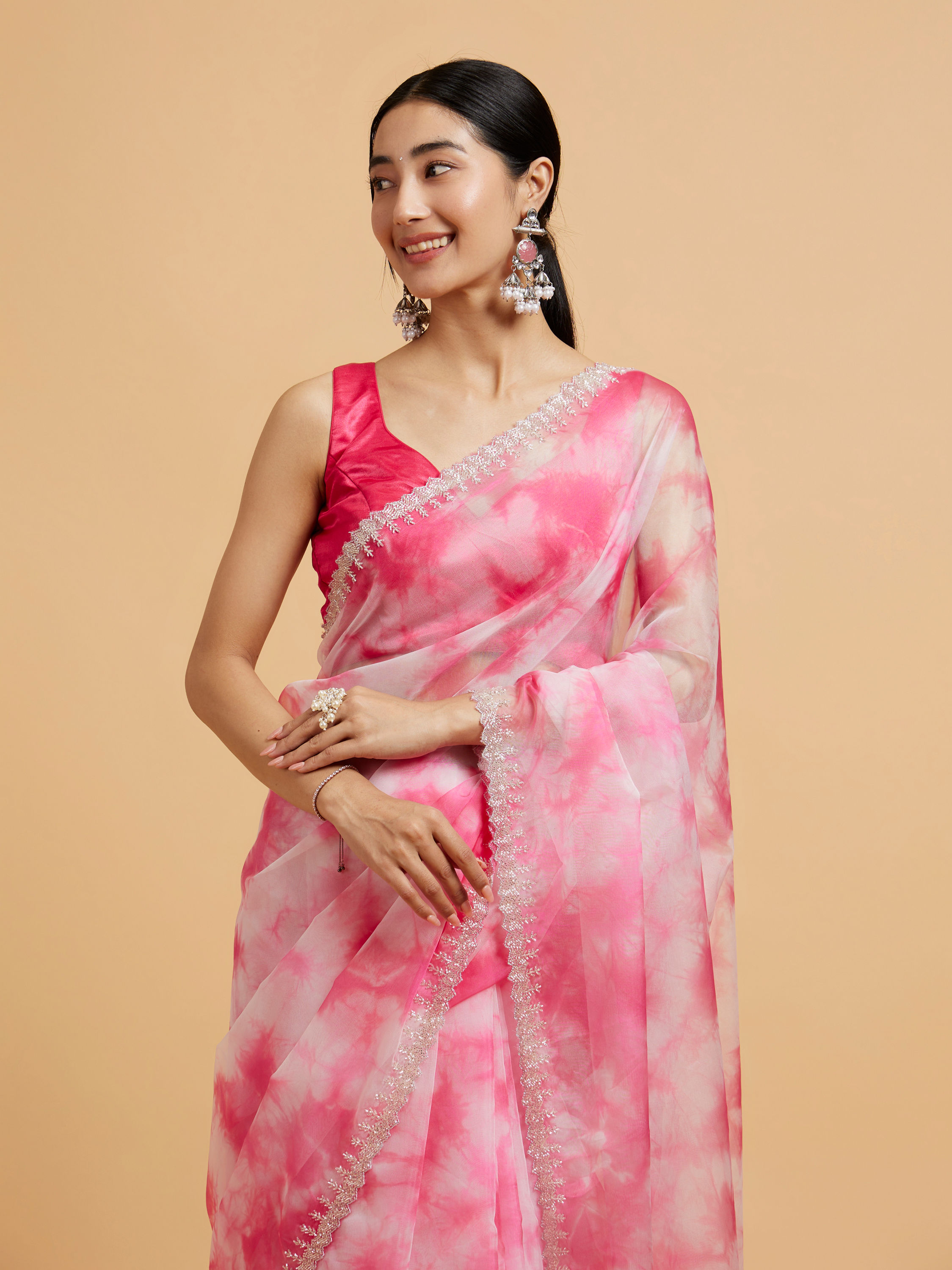 Mohey Women Hot Pink Saree with Floral Bel Motifs and Stone Work Embroidery on Border