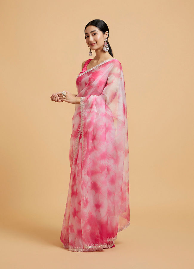 Mohey Women Hot Pink Saree with Floral Bel Motifs and Stone Work Embroidery on Border