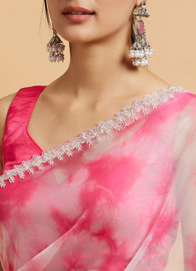 Mohey Women Hot Pink Saree with Floral Bel Motifs and Stone Work Embroidery on Border