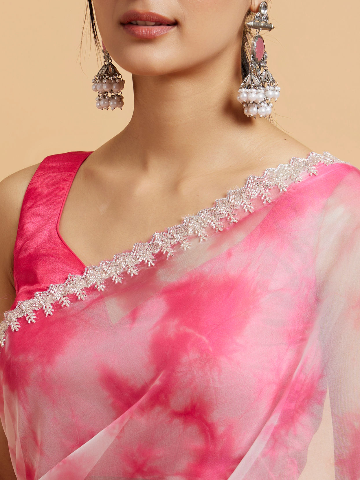 Mohey Women Hot Pink Saree with Floral Bel Motifs and Stone Work Embroidery on Border