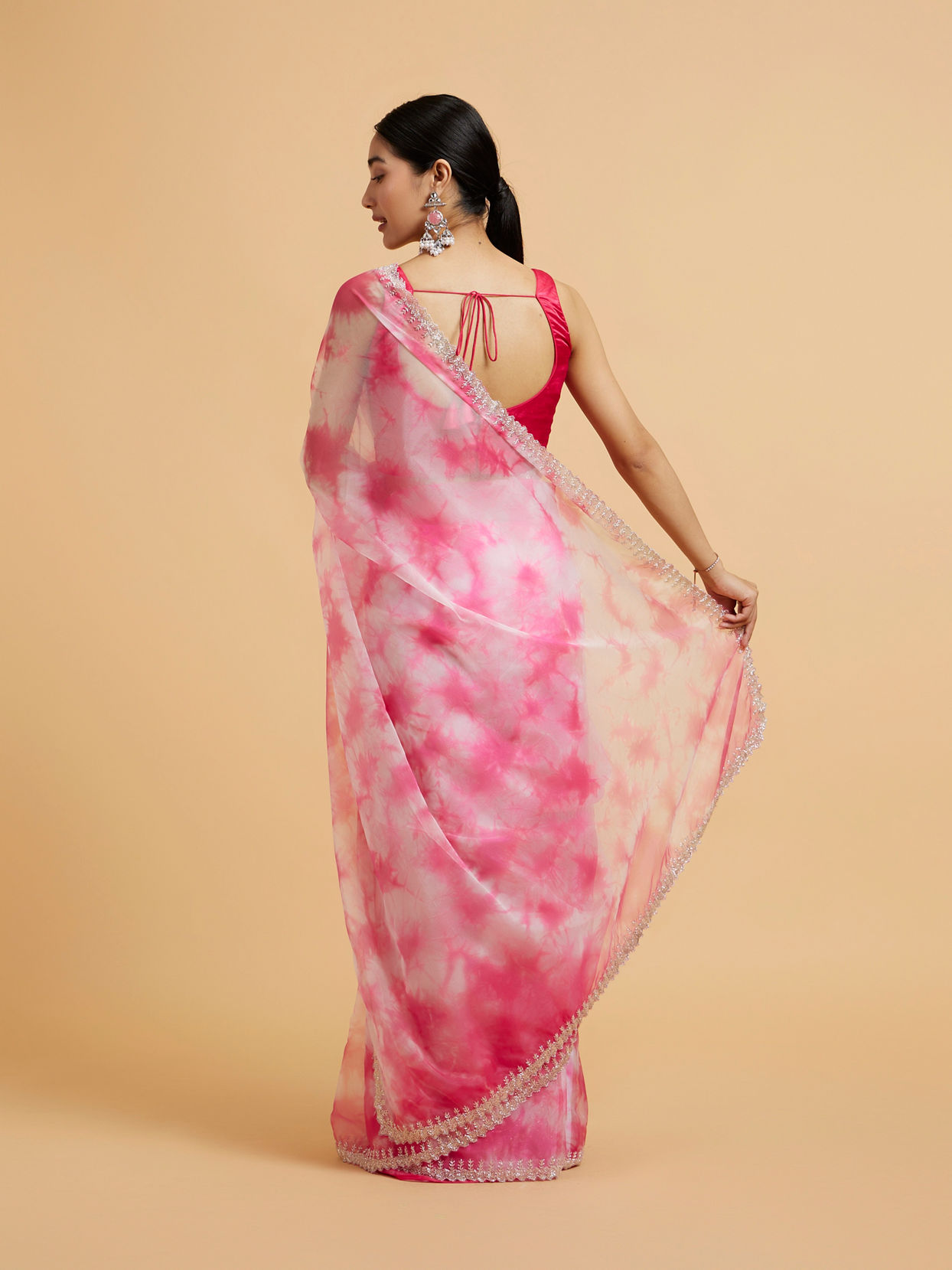Mohey Women Hot Pink Saree with Floral Bel Motifs and Stone Work Embroidery on Border