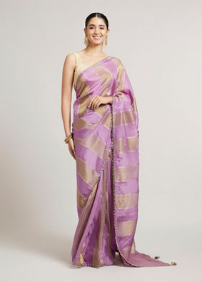 Mohey Women Orchid Purple Paisley & Bel Buti Patterned Saree with Pearl Border image number 0