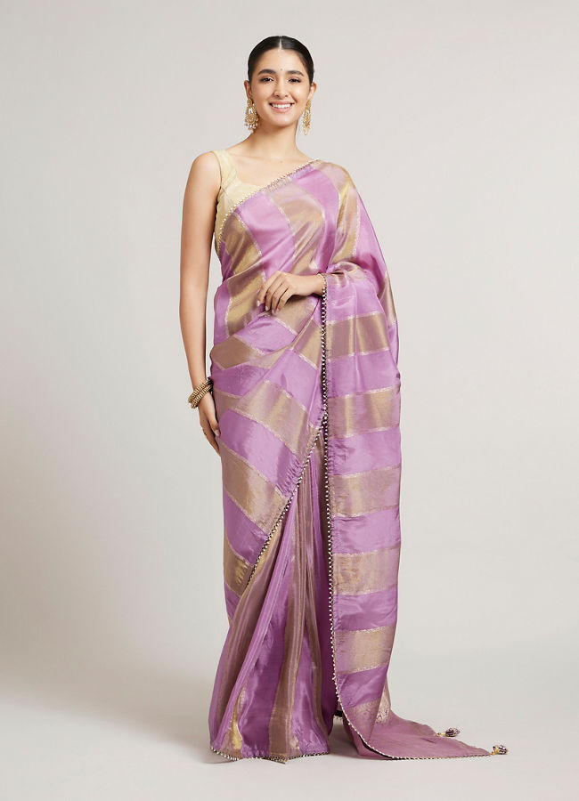 Mohey Women Orchid Purple Paisley & Bel Buti Patterned Saree with Pearl Border