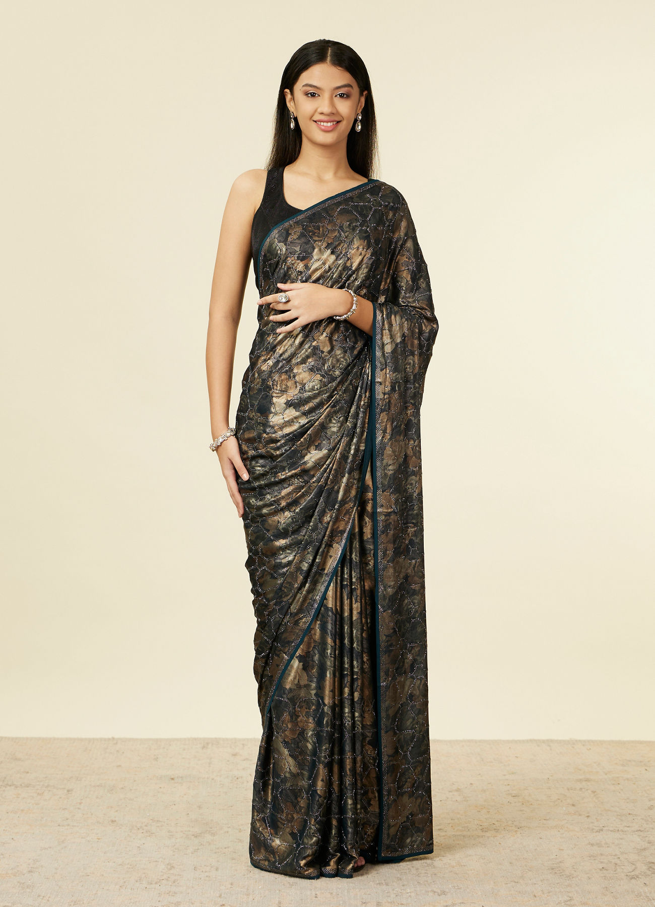 Mohey Women Teal Green Floral Printed Stone Embellished Saree