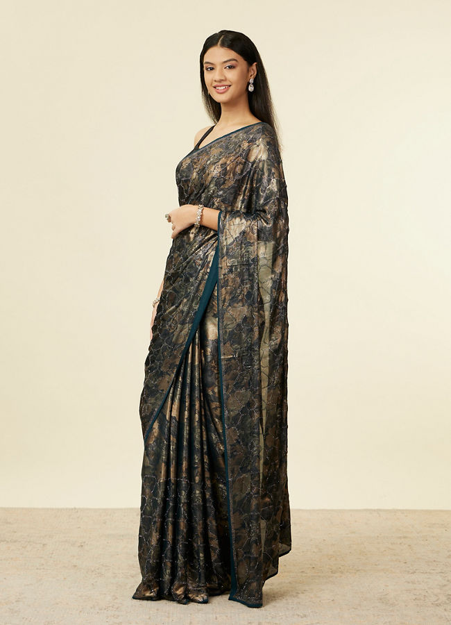 Mohey Women Teal Green Floral Printed Stone Embellished Saree