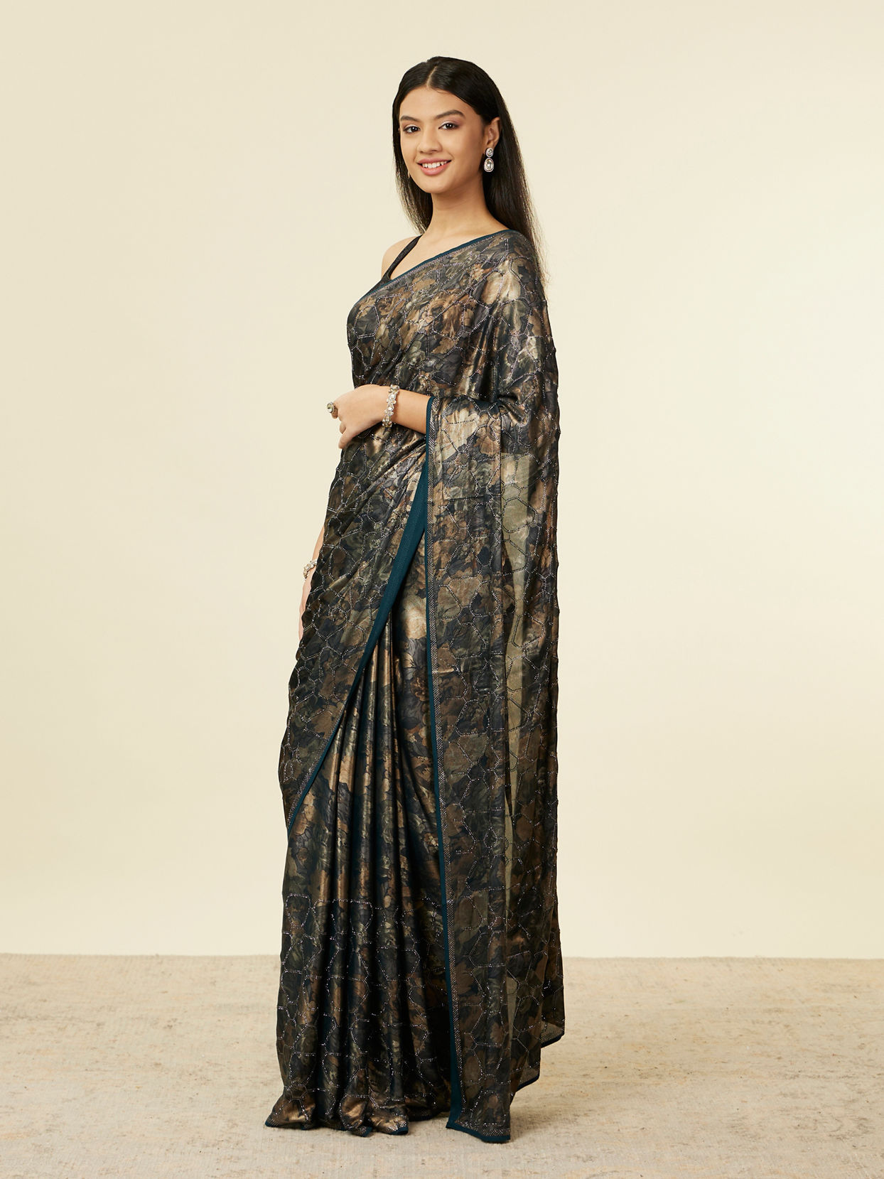 Mohey Women Teal Green Floral Printed Stone Embellished Saree