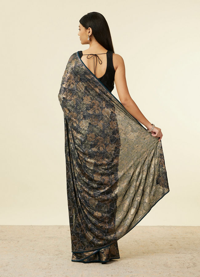Mohey Women Teal Green Floral Printed Stone Embellished Saree