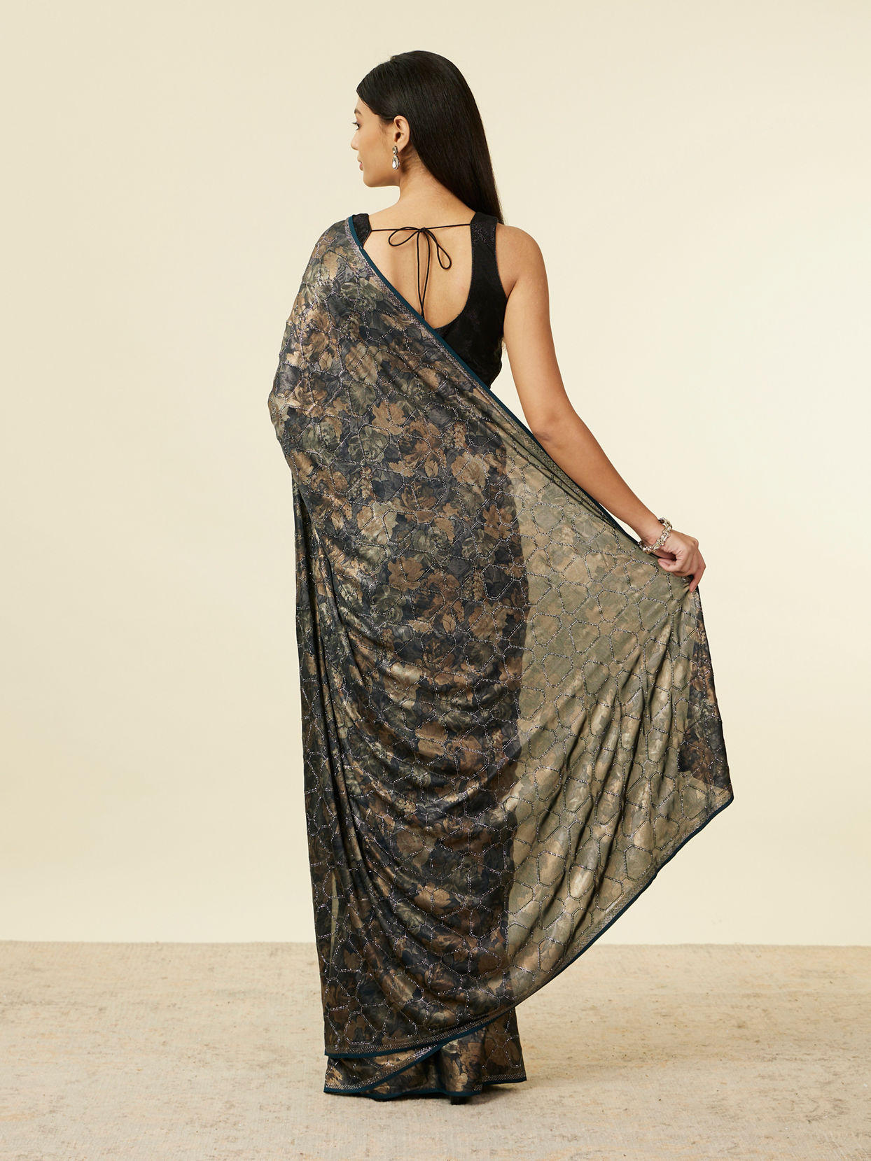 Mohey Women Teal Green Floral Printed Stone Embellished Saree