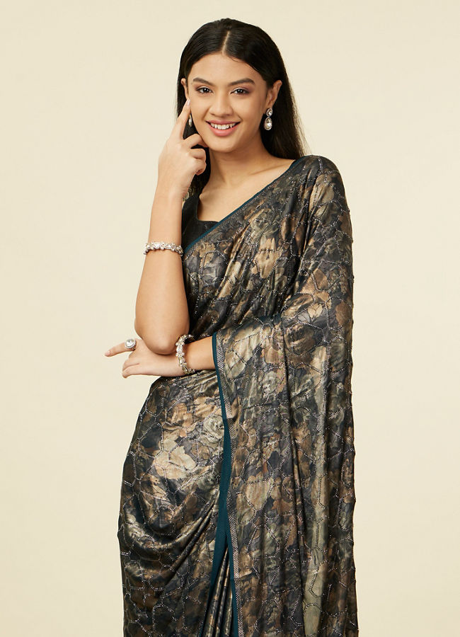 Mohey Women Teal Green Floral Printed Stone Embellished Saree