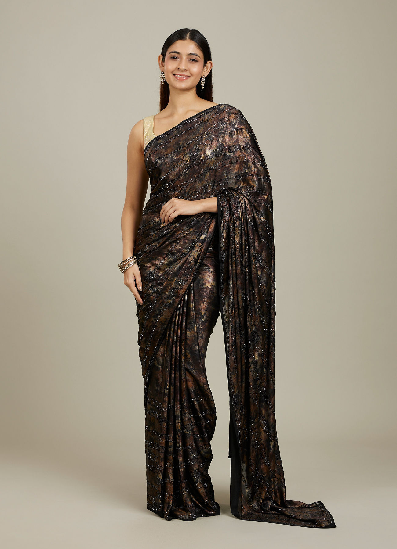 Mohey Women Kohl Black Jaal Patterned Stone Embellished Saree