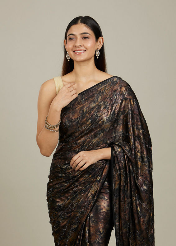 Mohey Women Kohl Black Jaal Patterned Stone Embellished Saree