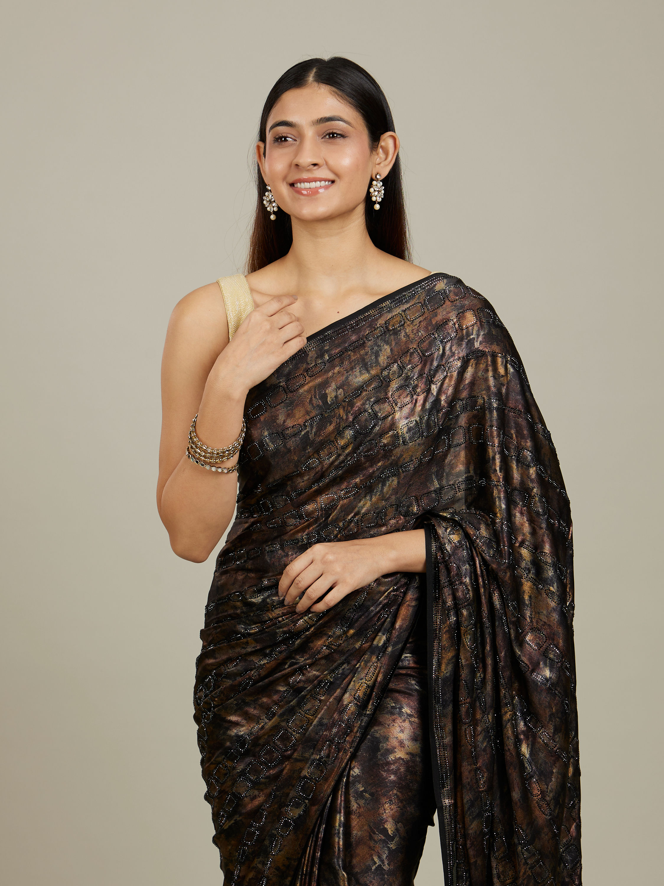 Mohey Women Kohl Black Jaal Patterned Stone Embellished Saree