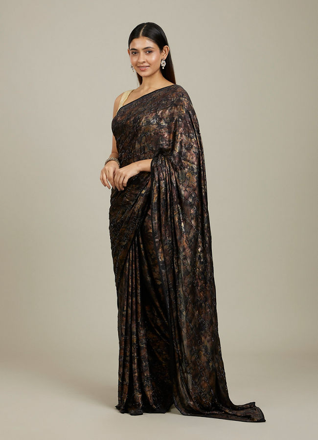 Mohey Women Kohl Black Jaal Patterned Stone Embellished Saree