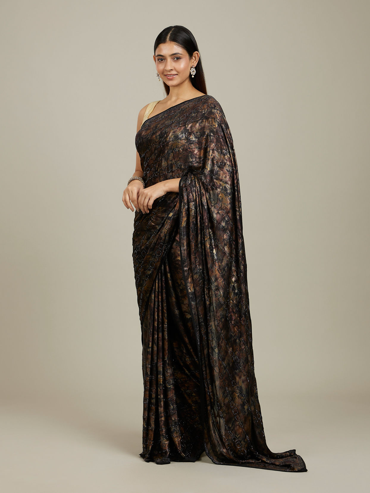 Mohey Women Kohl Black Jaal Patterned Stone Embellished Saree