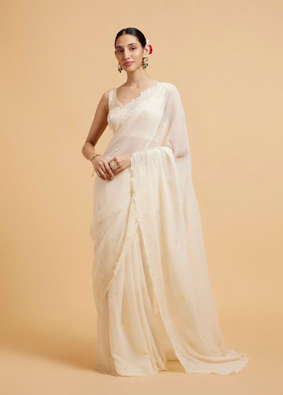 Mohey Women Enchanting Dark Cream Organza Saree