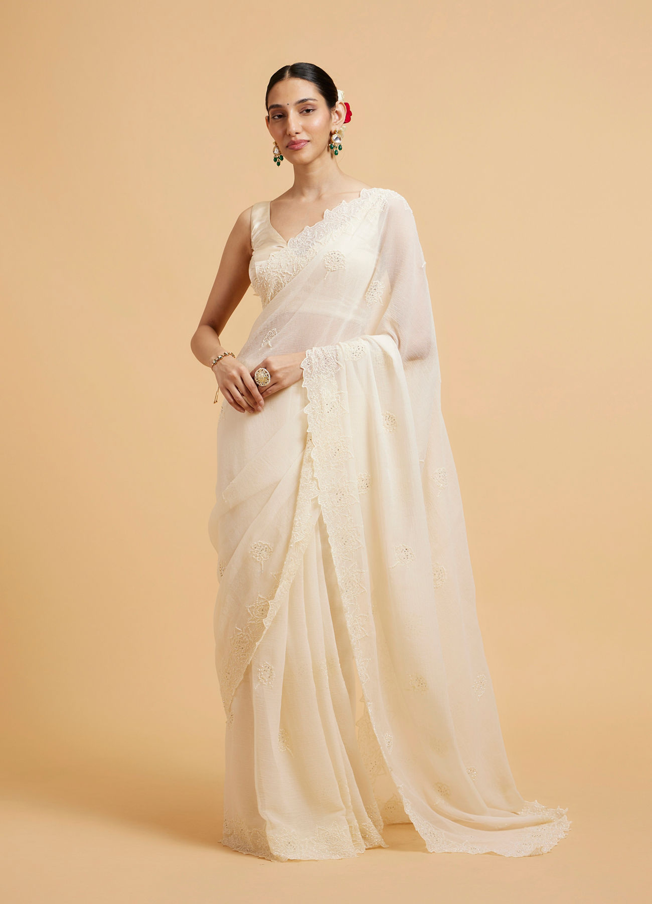 Mohey Women Enchanting Dark Cream Organza Saree