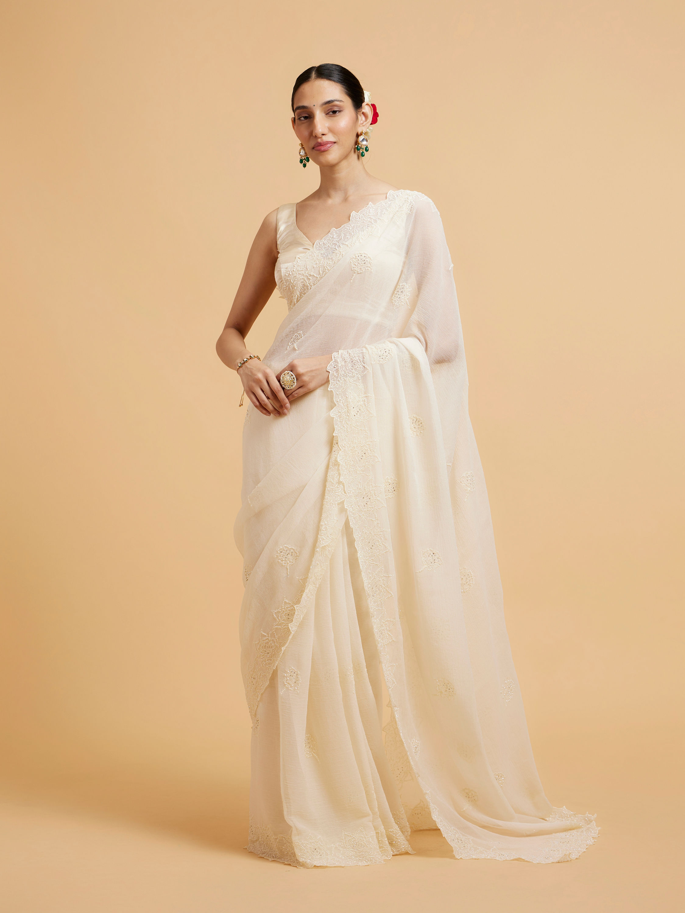 Mohey Women Enchanting Dark Cream Organza Saree