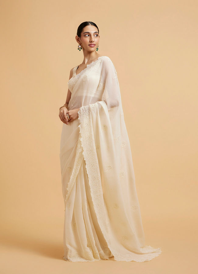 Mohey Women Enchanting Dark Cream Organza Saree