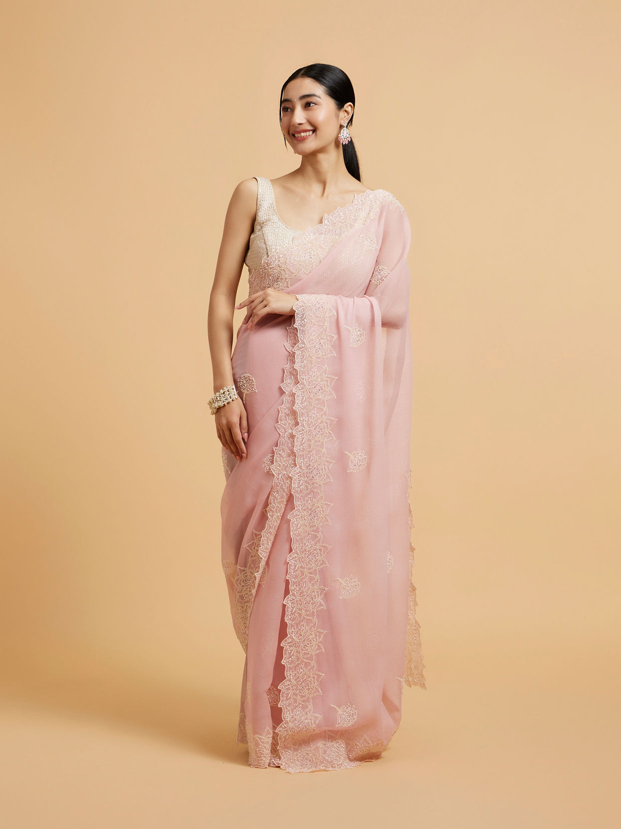 Mohey Women Baby Pink Floral Embroidered Saree with Pearl and Rhinestone Work