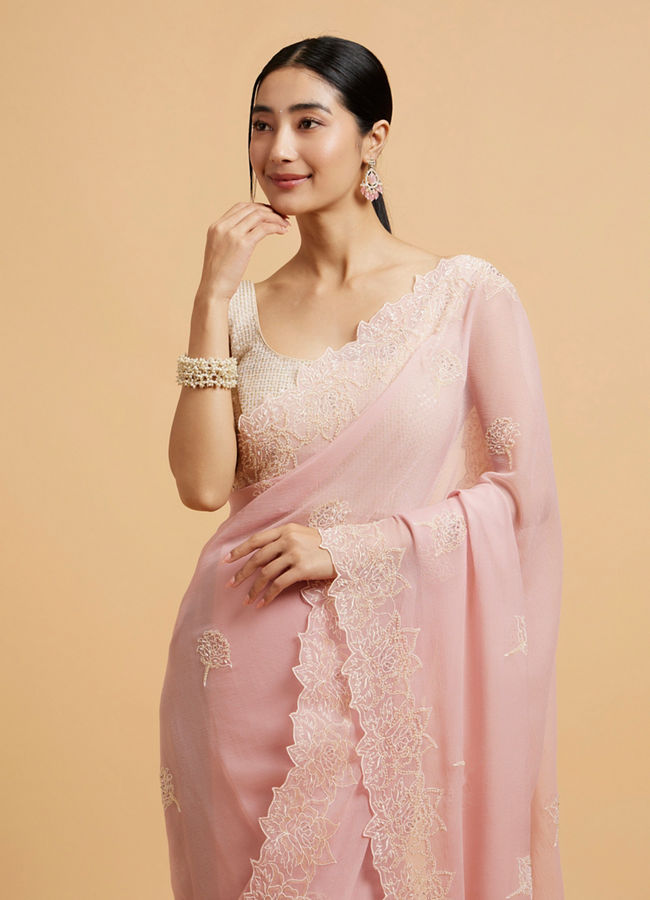 Mohey Women Baby Pink Floral Embroidered Saree with Pearl and Rhinestone Work