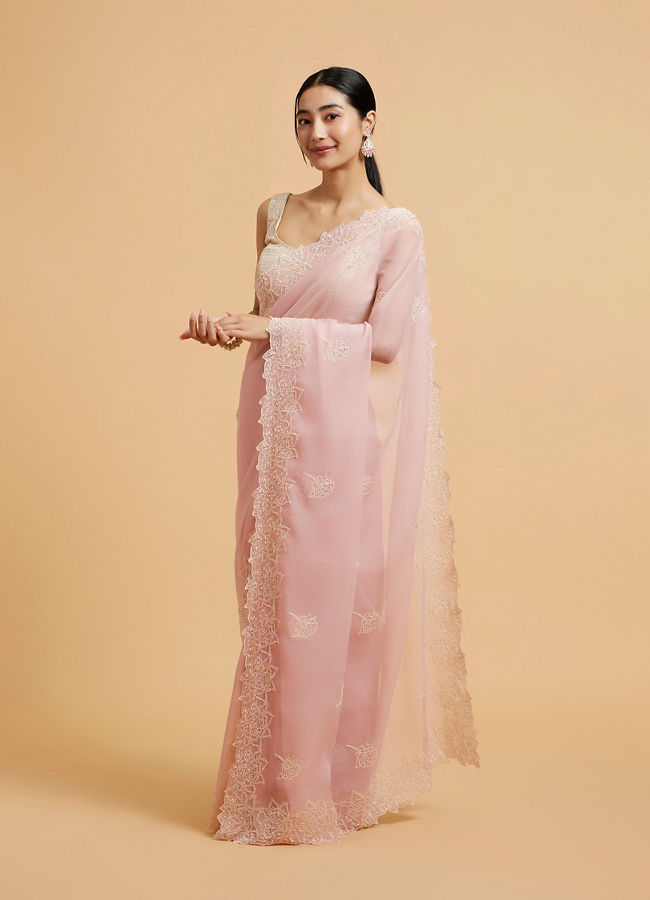 Mohey Women Baby Pink Floral Embroidered Saree with Pearl and Rhinestone Work