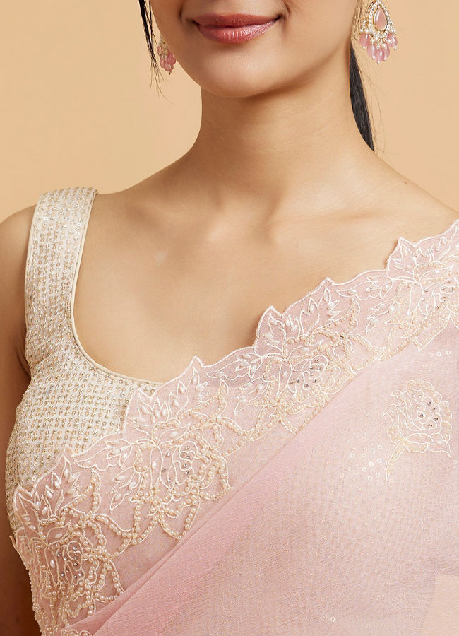 Mohey Women Baby Pink Floral Embroidered Saree with Pearl and Rhinestone Work