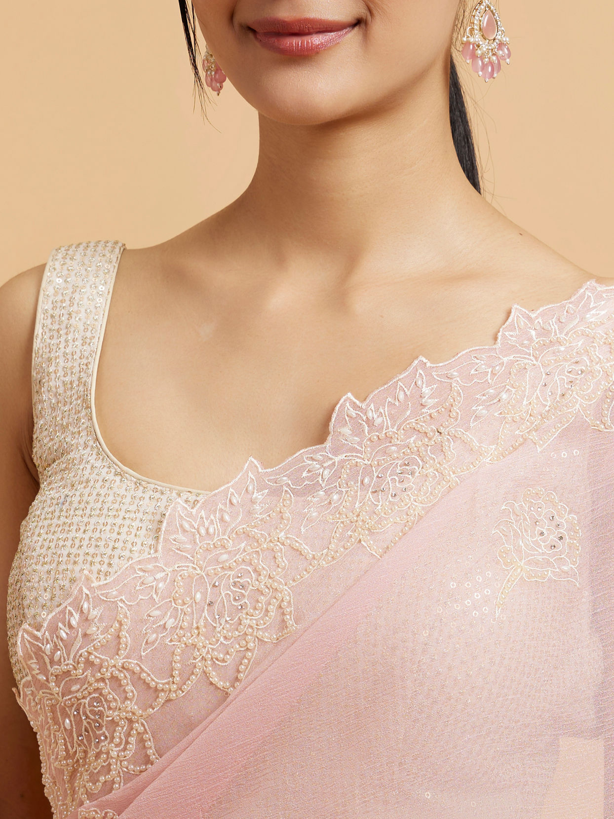Mohey Women Baby Pink Floral Embroidered Saree with Pearl and Rhinestone Work