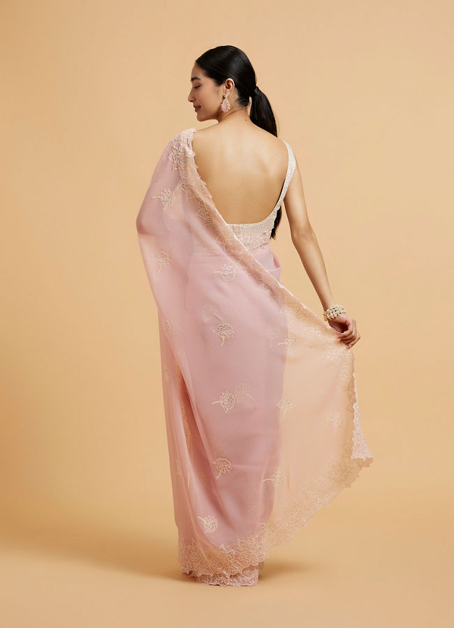 Mohey Women Baby Pink Floral Embroidered Saree with Pearl and Rhinestone Work