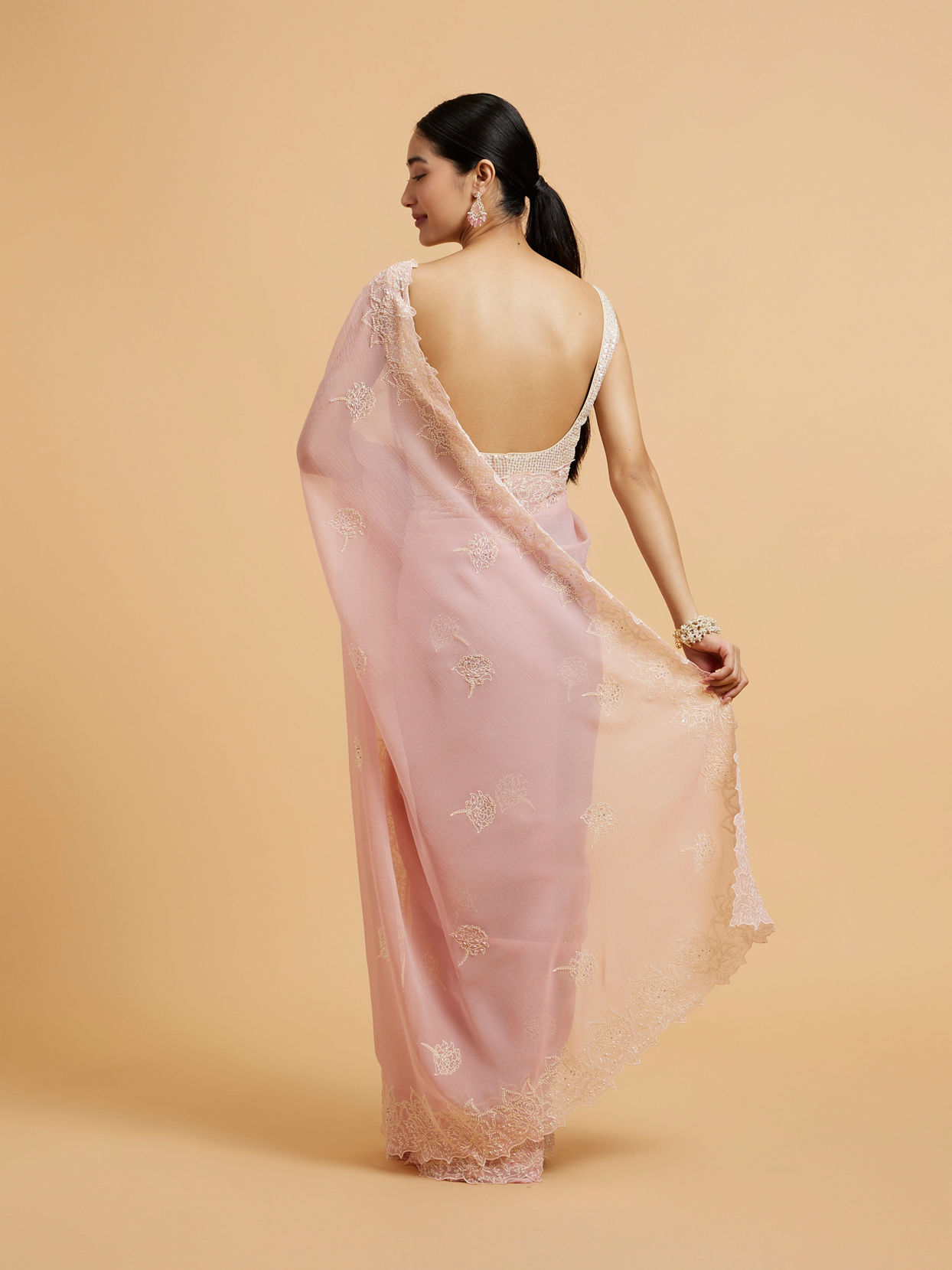 Mohey Women Baby Pink Floral Embroidered Saree with Pearl and Rhinestone Work